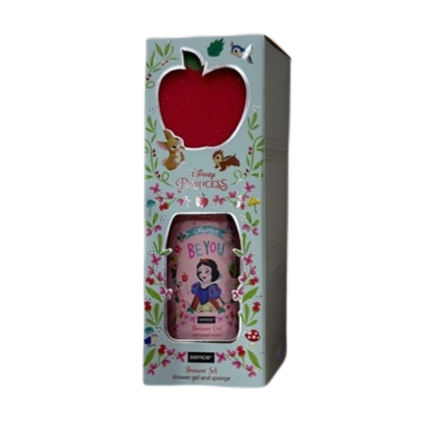 Envase gel ducha princesa Disney Blancanieves y esponja en forma de manzana de la marca Sence