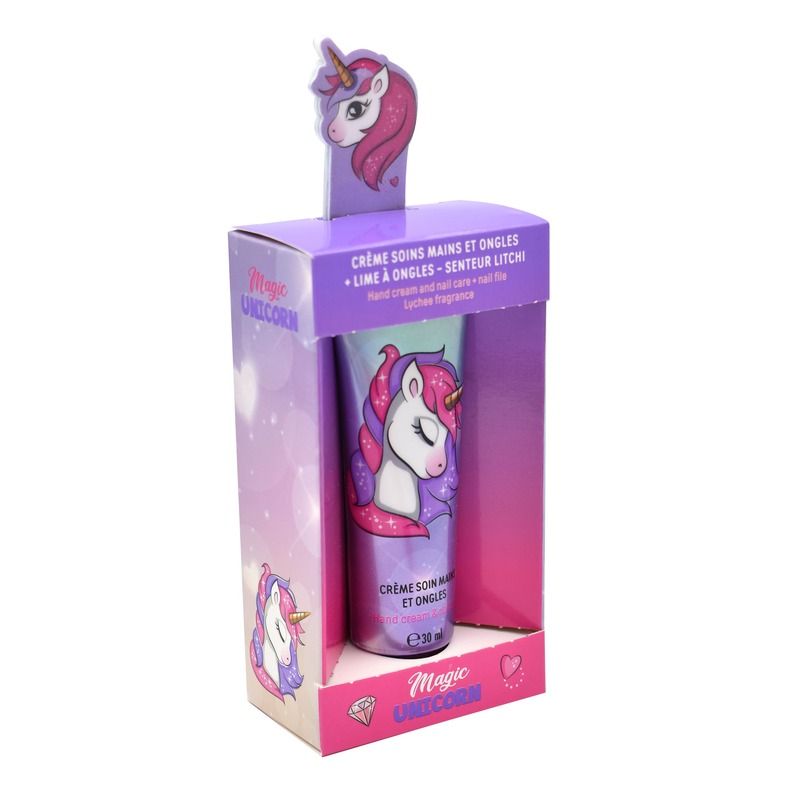 Set con crema de manos y lima de uñas en forma de unicornio