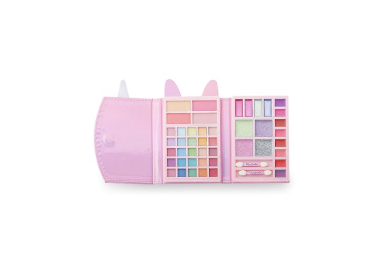 Estuche de maquillaje de viaje abierto en forma de unicornio rosa marca Martinelia